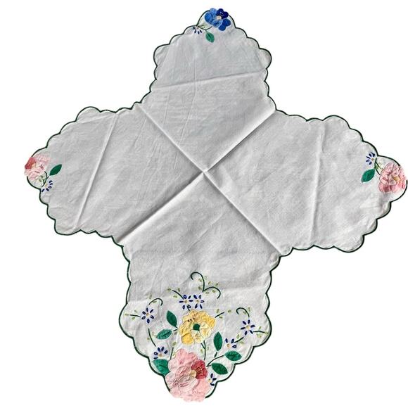 Vintage Bread Basket Liner Hand Embroidered Appliqué Flowers Linen Cottagecore - Picture 2 of 12